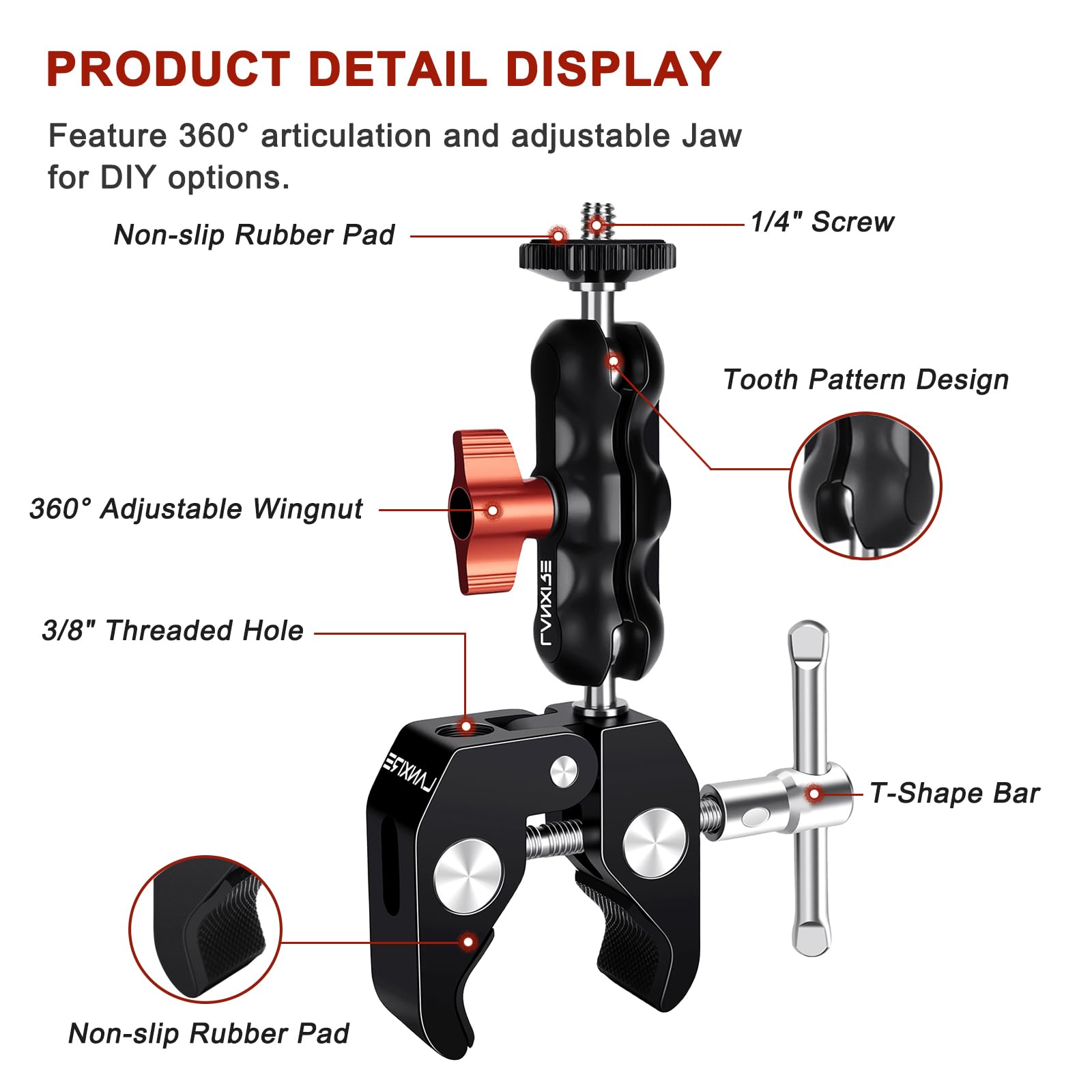 Lanxire Super Clamp Camera Mount with Double Ball Head Adapter - Compatible with Canon Nikon DSLR, Gopro, LED Lights, Ronin-M/MX, Freefly MOVI - 360° Rotation - 1/4"-20 & 3/8"-16 Threaded Holes