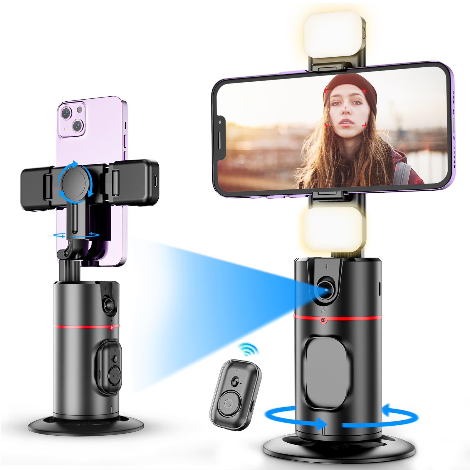 KOSCHEAL Auto Face Tracking Tripod, 360° Rotation with Stand,No App,Body Phone Tracking Tripod with Two Selfie Light,Gesture Control Smart Shooting Camera Mount for Live Vlog Streaming Video Tiktok