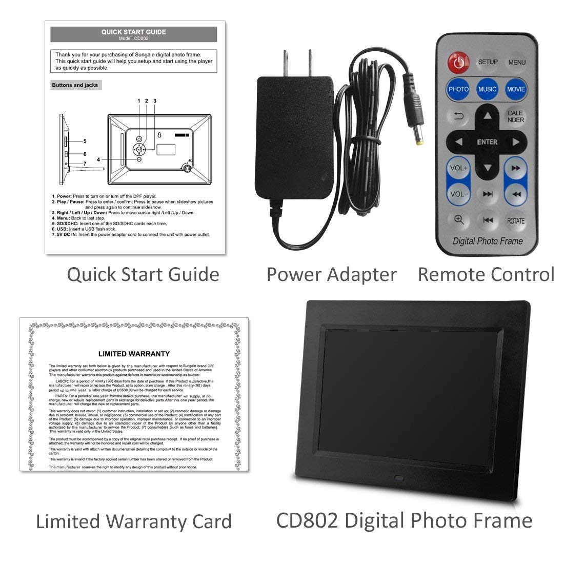 8 inch Digital Photo Frame & Multimedia Player - Display Videos & Photos & Set Music to Play. Includes 4GB Internal Storage, SD Card & USB Connections, & a Variety of Transition Effects