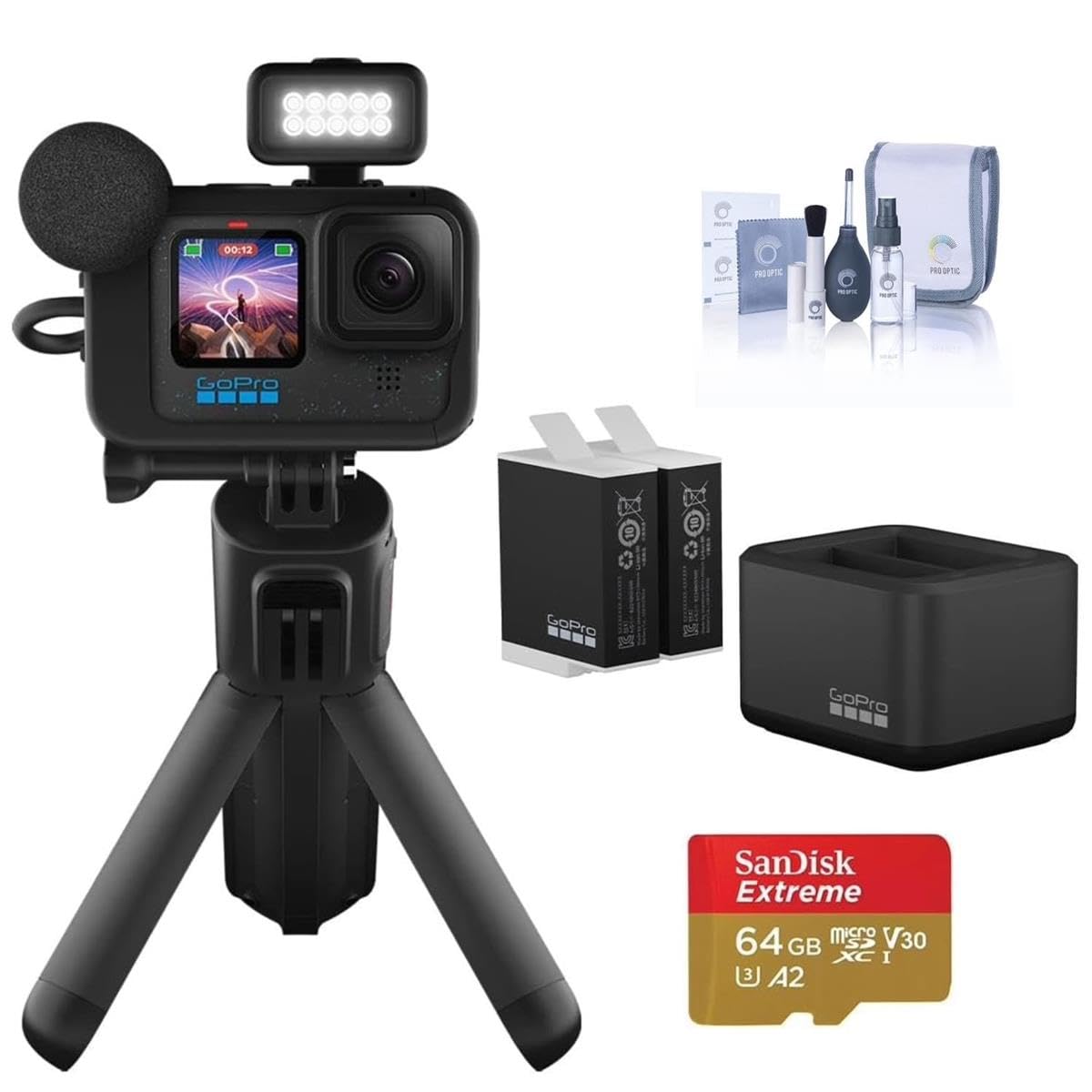 GoPro HERO12 Black Camera Bundle: Waterproof Action Cam Kit with Dual Battery Charger, 2x Enduro Batteries, and 64GB Micro SD for Adventure Creators