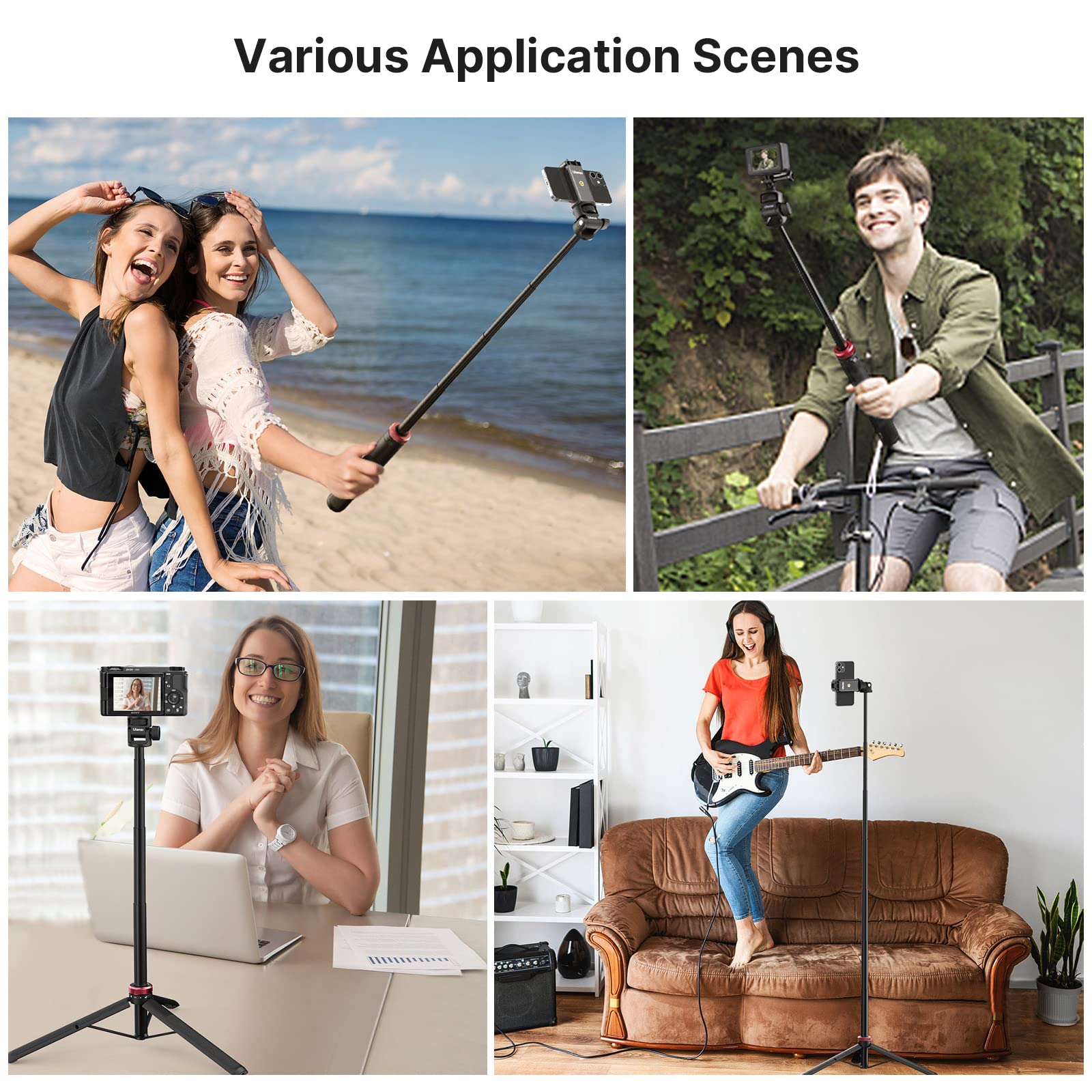 57.48 inch Extendable Selfie Stick Phone Tripod for Action Camera w Smartphone Clamp Extension Pole, for GoPro for Sony Canon Vlogging Cams for iPhone 14 13 Pro Max ULANZI MT-71