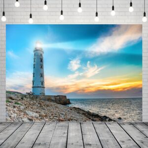 BELECO 7x5ft Fabric Seaside Lighthouse Backdrop for Photography Lighthouse Searchlight Beam Sunset Seascape Scenery Background Nautical Party Decorations Studio Booth Photo Props