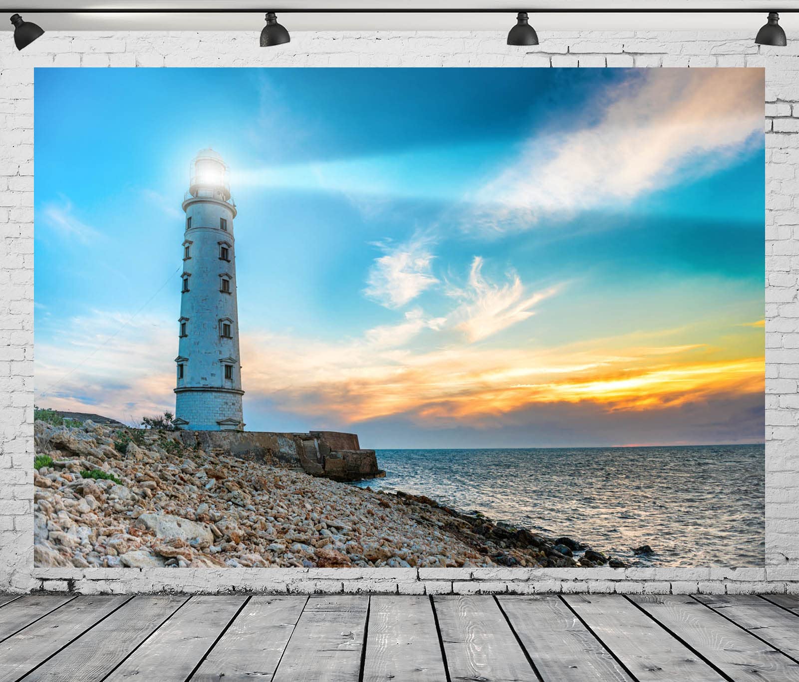 BELECO 7x5ft Fabric Seaside Lighthouse Backdrop for Photography Lighthouse Searchlight Beam Sunset Seascape Scenery Background Nautical Party Decorations Studio Booth Photo Props