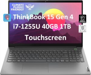 lenovo thinkbook 15 gen 4 business laptop (15.6" ips fhd touchscreen, intel 10-core i7-1255u, 40gb ram, 1tb ssd), fhd webcam, narrow bezel, backlit, fingerprint, thunderbolt 4, win 11 pro, grey