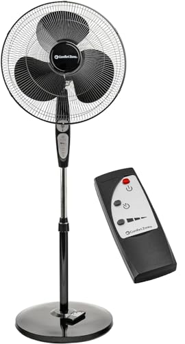 Comfort Zone Oscillating Pedestal Fan with Remote Control, Stand Fan, 18 inch, 3 Speed, Adjustable Height & Tilt, & Timer, Auto Shutoff, Ideal for Home, Bedroom & Office, Airflow 17 ft/sec, CZST181RBK