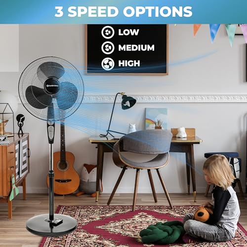 Comfort Zone Oscillating Pedestal Fan with Remote Control, Stand Fan, 18 inch, 3 Speed, Adjustable Height & Tilt, & Timer, Auto Shutoff, Ideal for Home, Bedroom & Office, Airflow 17 ft/sec, CZST181RBK