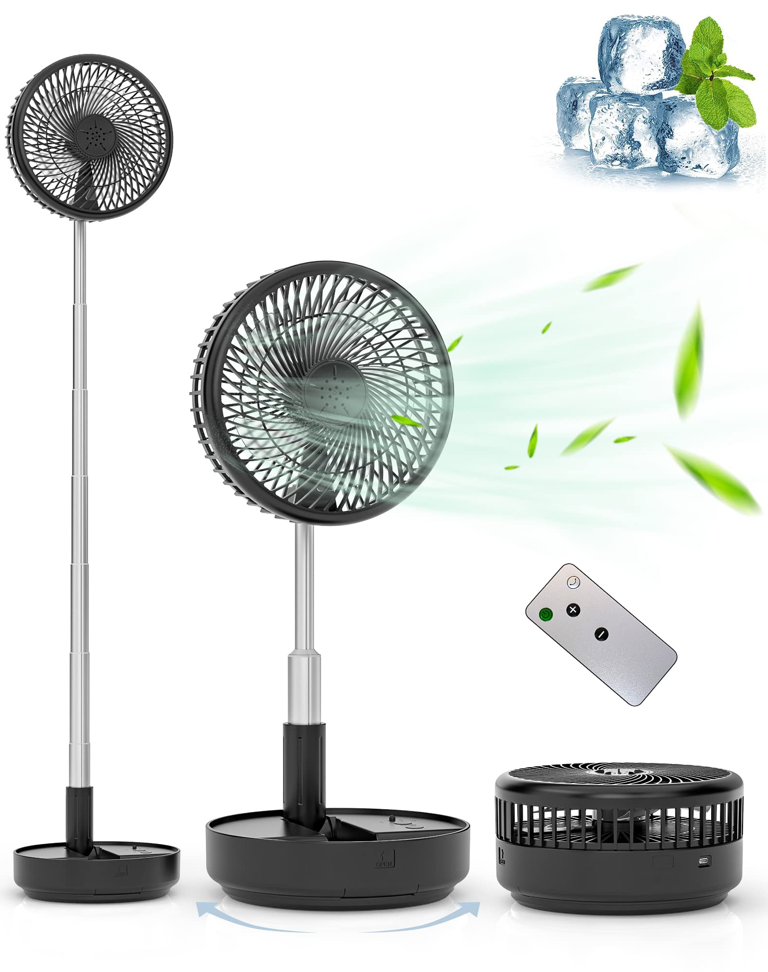 Primevolve Portable Oscillating Standing Fan,Rechargeable Battery Operated USB Floor Table Desk Fan with Remote, 4 Speed Settings Pedestal Fans for Bedroom Office Camping Fishing Travel Black 7.7"