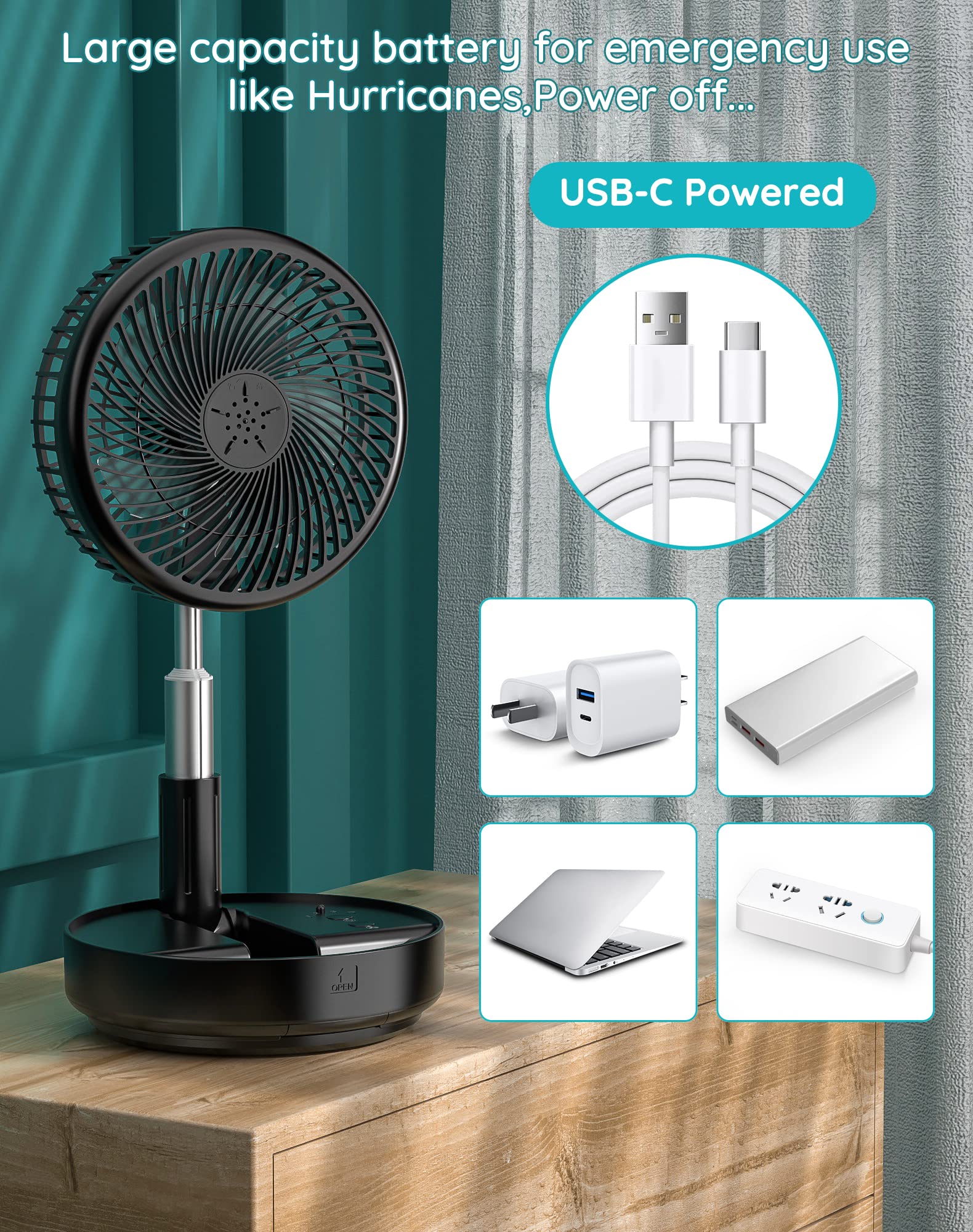 Primevolve Portable Oscillating Standing Fan,Rechargeable Battery Operated USB Floor Table Desk Fan with Remote, 4 Speed Settings Pedestal Fans for Bedroom Office Camping Fishing Travel Black 7.7"