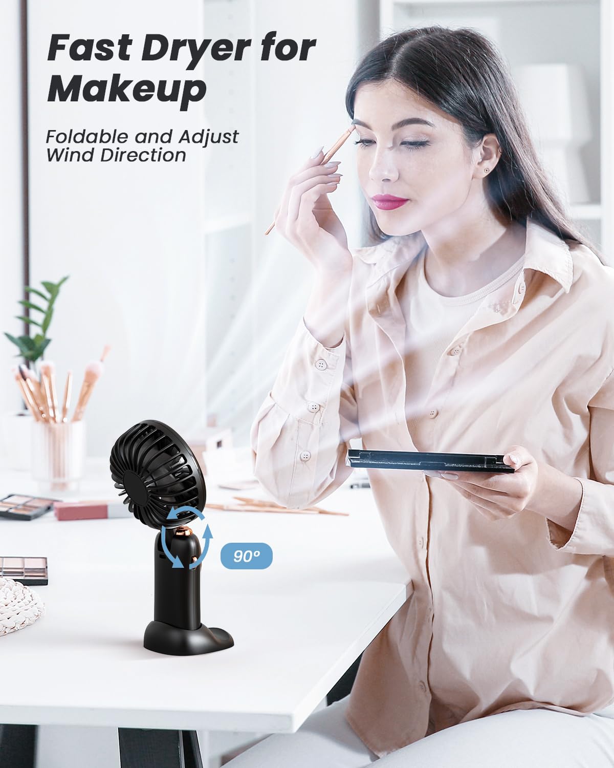 coldSky Portable Handheld Fan, 4000mAh Battery Operated 3 in 1 Multifunction Personal Travel Fan with Digital Display, 90° Foldable Desk Fan with Base, 5 Speed Lash Fan for Makeup/Office (Black)