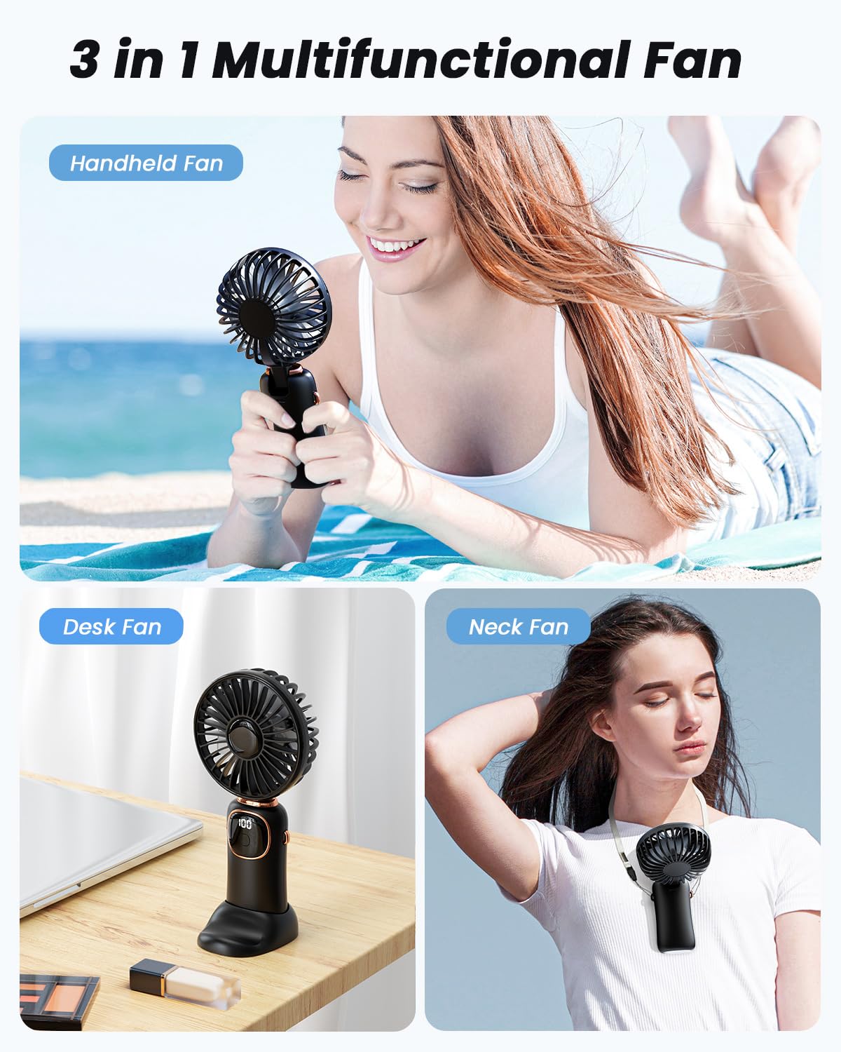 coldSky Portable Handheld Fan, 4000mAh Battery Operated 3 in 1 Multifunction Personal Travel Fan with Digital Display, 90° Foldable Desk Fan with Base, 5 Speed Lash Fan for Makeup/Office (Black)