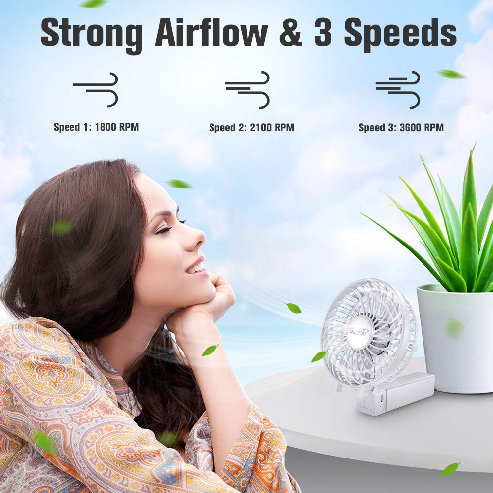 VersionTECH. Mini Portable Fan, USB Battery Operated Desk Fan, Small Personal Handheld Table Fan with USB Rechargeable Cooling Folding Electric Fan for Travel Office Room Household White