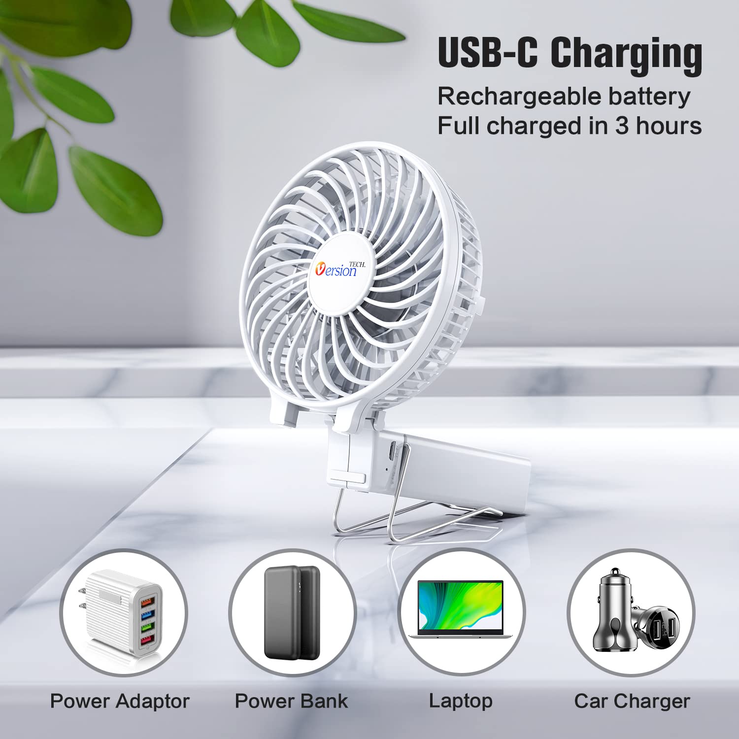 VersionTECH. Mini Portable Fan, USB Battery Operated Desk Fan, Small Personal Handheld Table Fan with USB Rechargeable Cooling Folding Electric Fan for Travel Office Room Household White