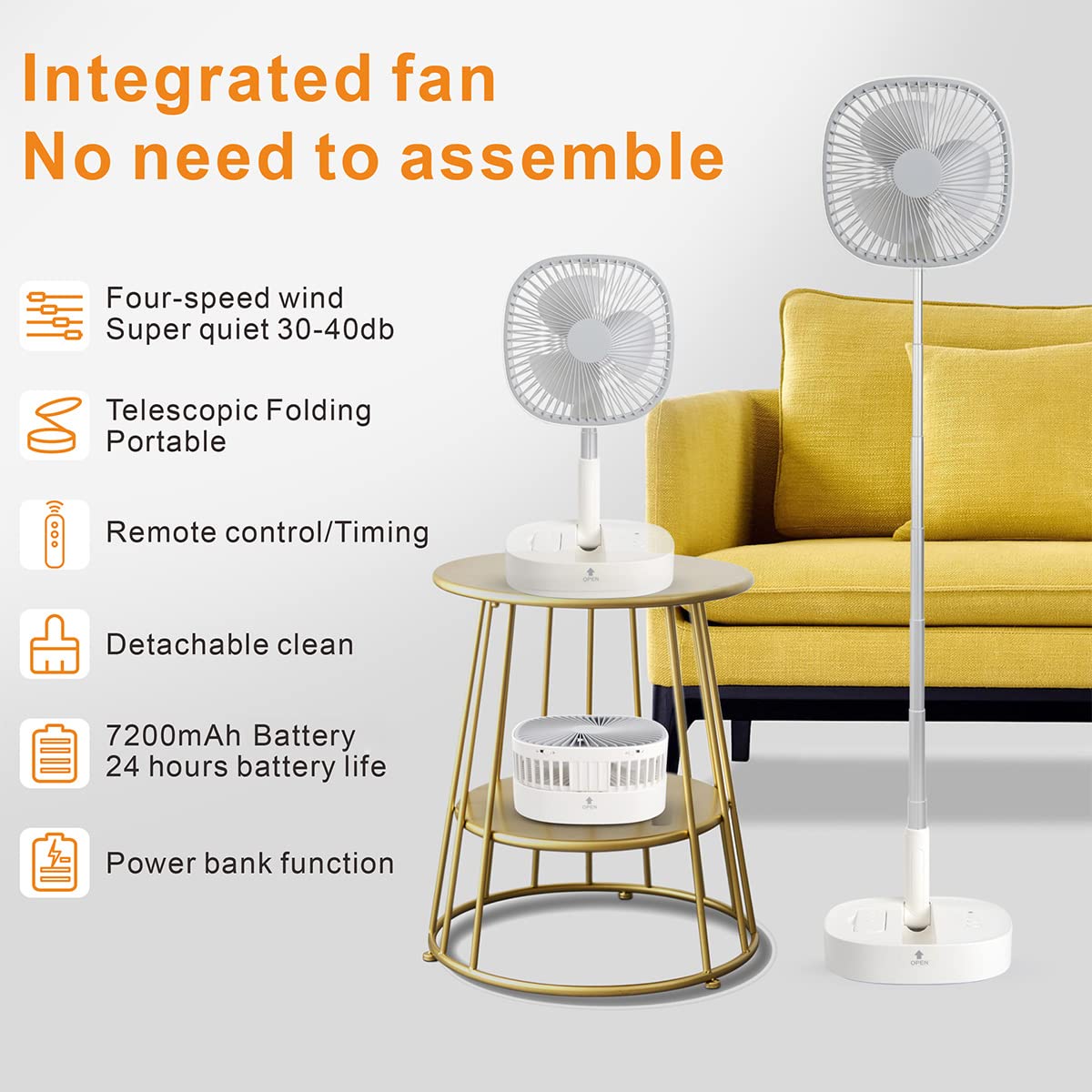 Portable Pedestal Fan - Foldaway Standing Fan Foldable Desk Fan, Use 7200Mah Rechargeable Battery, Remote Control Telescopic 4 Speed Quiet Timer Fan for Home Kitchen Outdoor Camping (Gray)