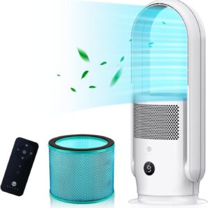 ULTTY Bladeless Tower Fan with Air Purifier, 90° Oscillating Tower Fan with HEPA Filter, Remote Control, Touch, 8H Timer, 9 Speeds, Powerful Floor Fan for Bedroom Room Home Office, CR021, White