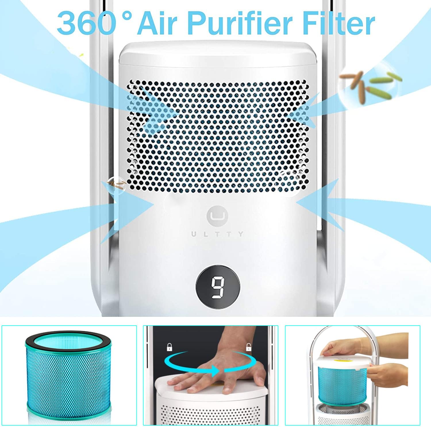 ULTTY Bladeless Tower Fan with Air Purifier, 90° Oscillating Tower Fan with HEPA Filter, Remote Control, Touch, 8H Timer, 9 Speeds, Powerful Floor Fan for Bedroom Room Home Office, CR021, White