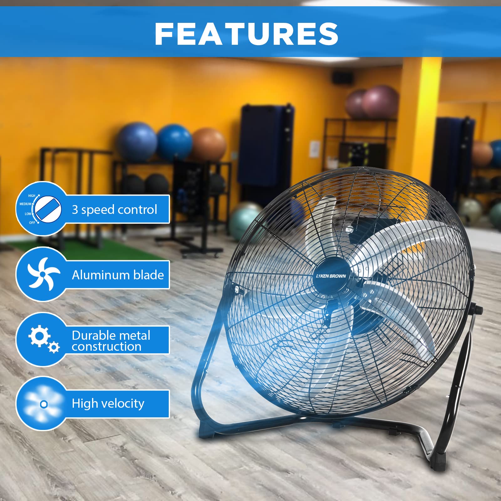 KEN BROWN 20 Inch High Velocity Floor Fan, 3-speed, 5 Blades, 360 Degree Tilting, Heavy Duty Metal Floor Fan for Garage, Shop, Gym