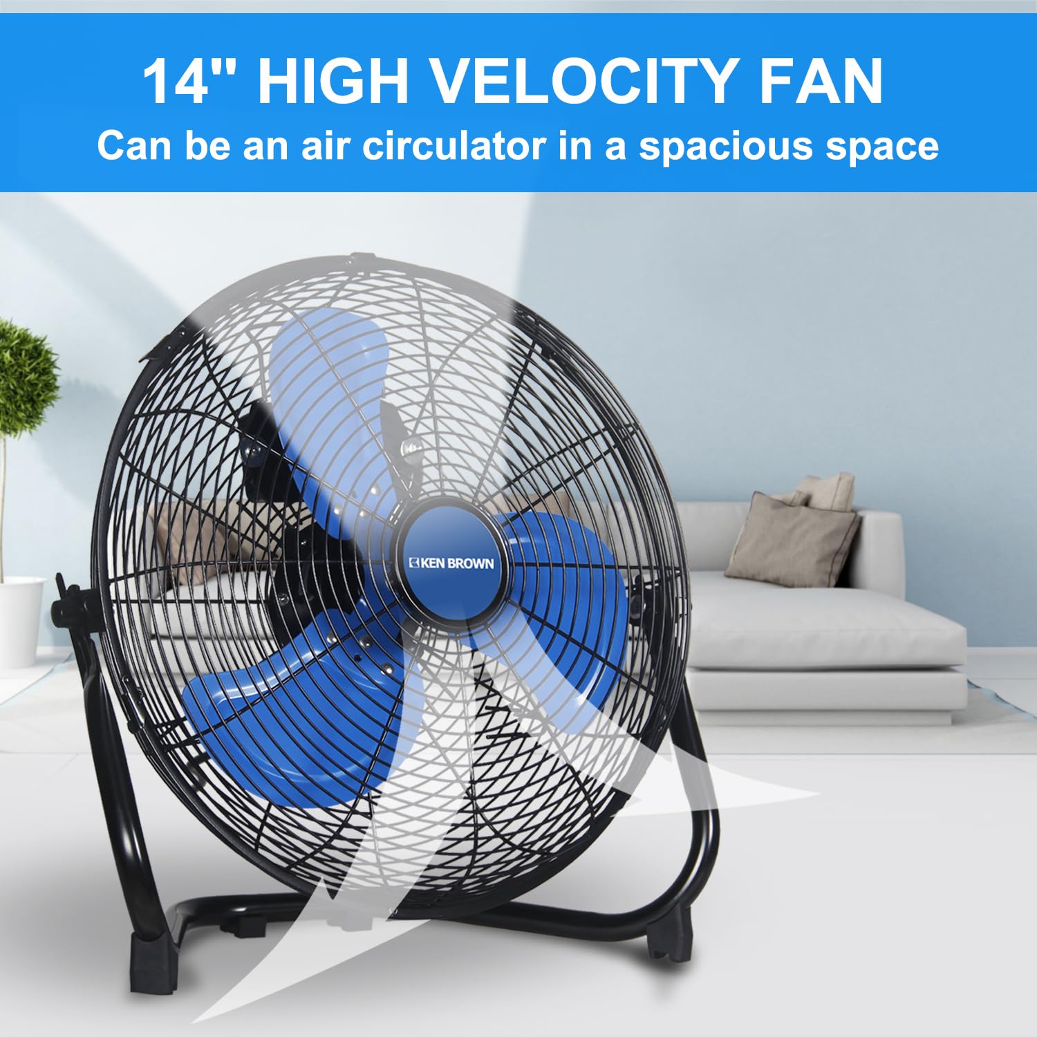 KEN BROWN 14 Inch High Velocity Floor Fan 3-Speed 360° Adjustable Tilting Powerful Airflow for Home,Residential Use, Blue