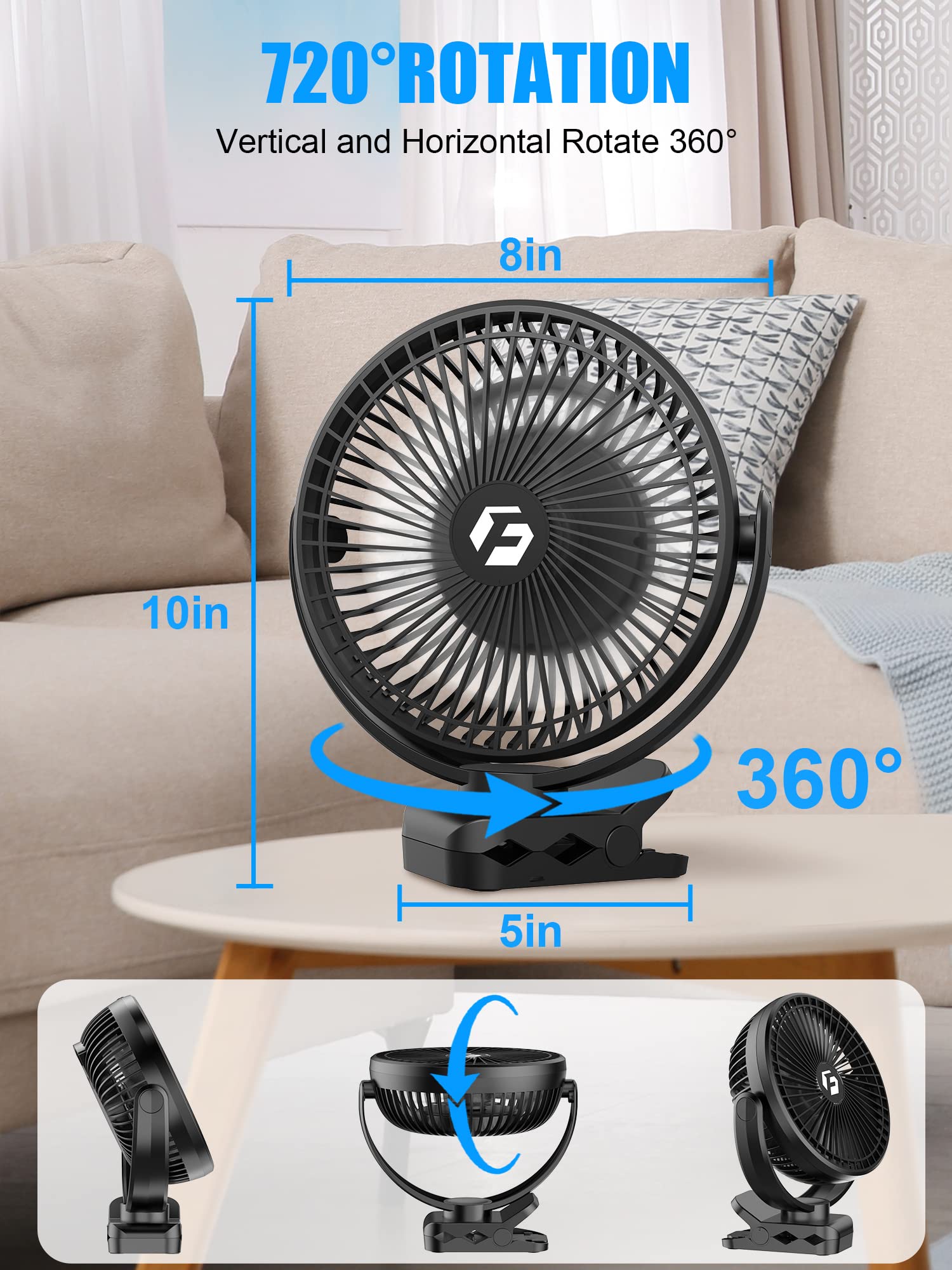 FRIZCOL 12000mAh 8 Inch Portable Clip On Fan,Battery Operated Camping Fan with lights and Remote, USB Fan Small Desk Fan Personal Quiet Fan for Office Stroller Bedroom and Camping