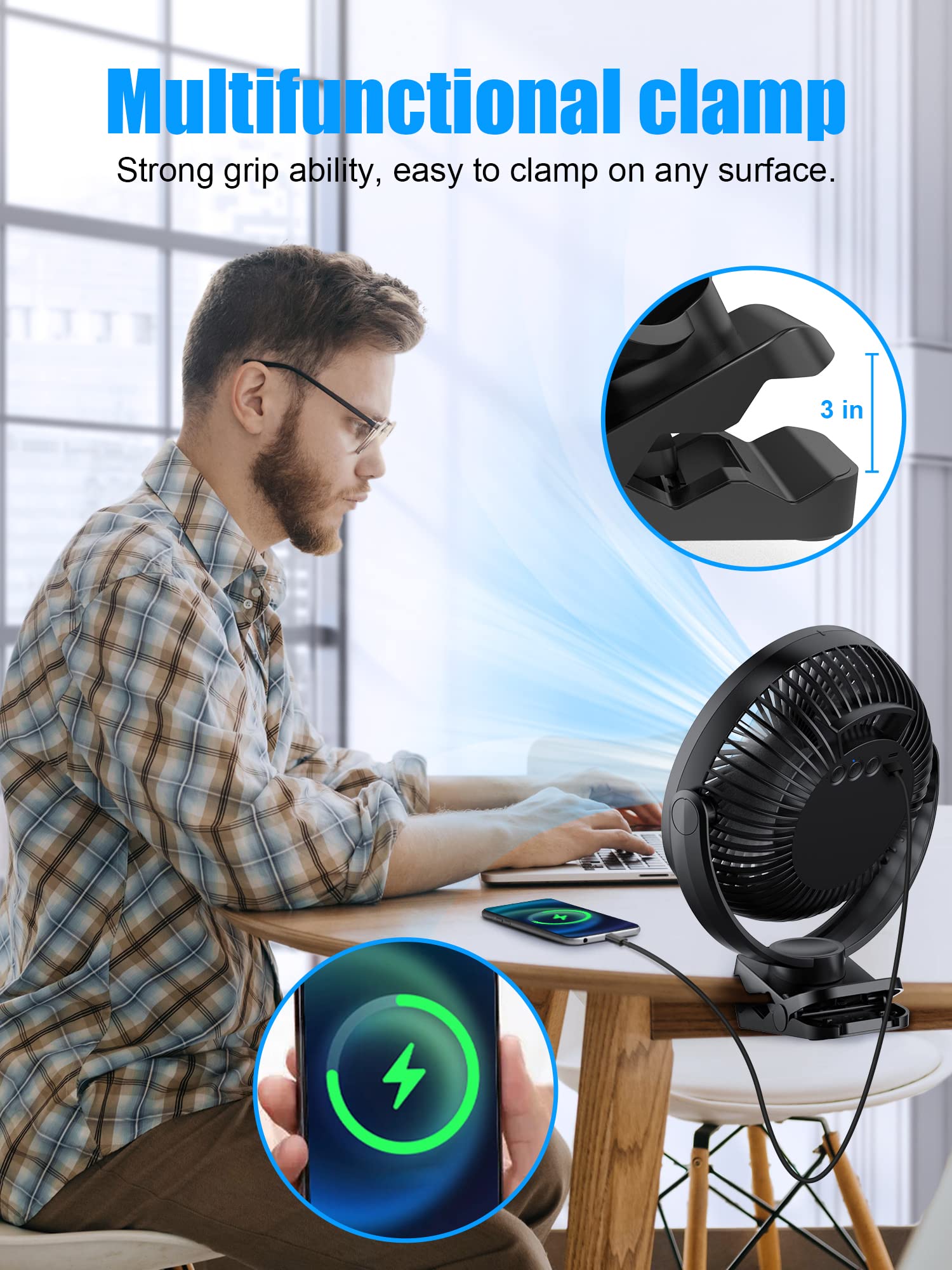 FRIZCOL 12000mAh 8 Inch Portable Clip On Fan,Battery Operated Camping Fan with lights and Remote, USB Fan Small Desk Fan Personal Quiet Fan for Office Stroller Bedroom and Camping