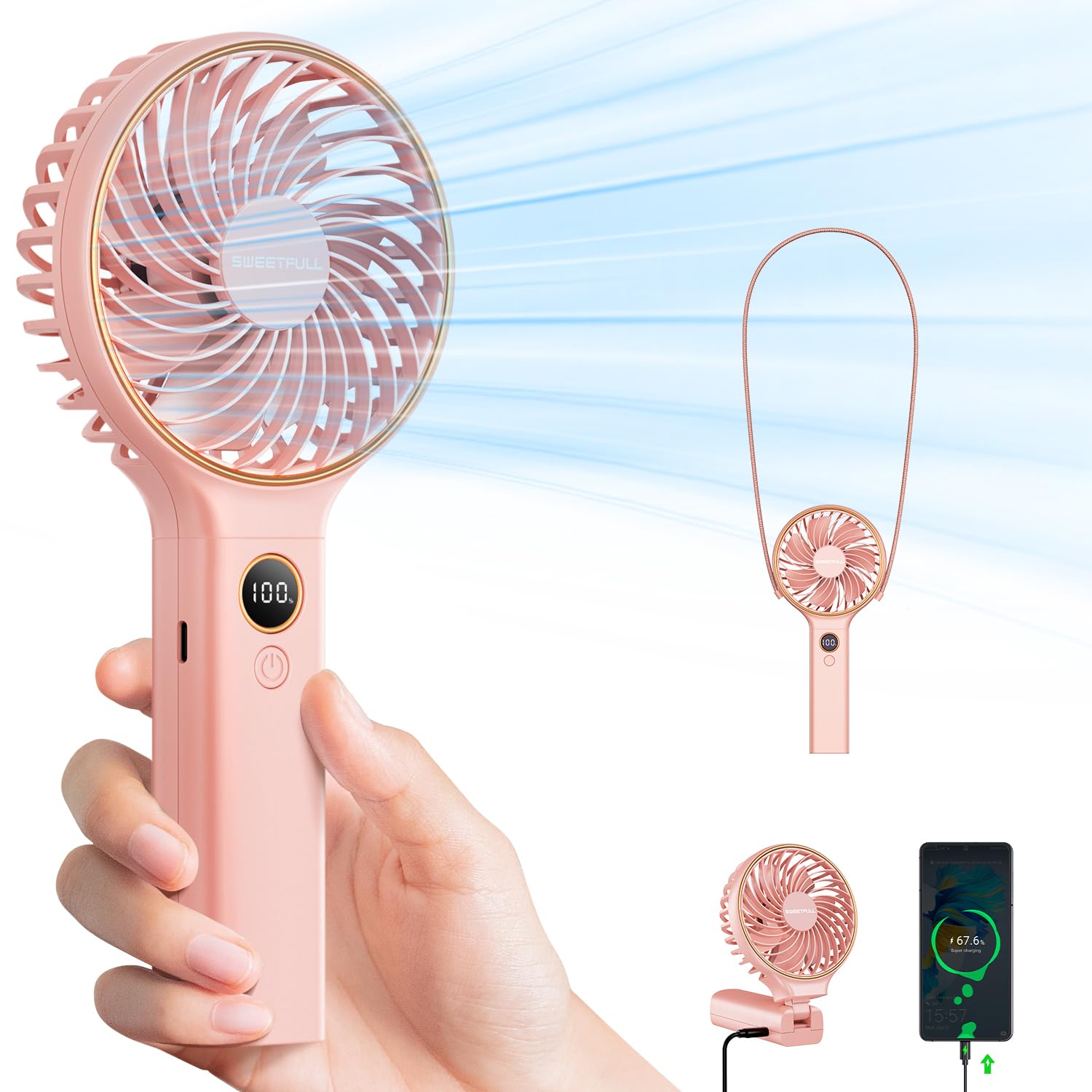 SWEETFULL Handheld Fan, Portable Fan, 5000mAh Rechargeable Battery, 6 Speed Wind, LED Display, Personal Mini Travel Fan with Backup Power, Hand Held Fan USB Foldable Electric Fan for Women Girl