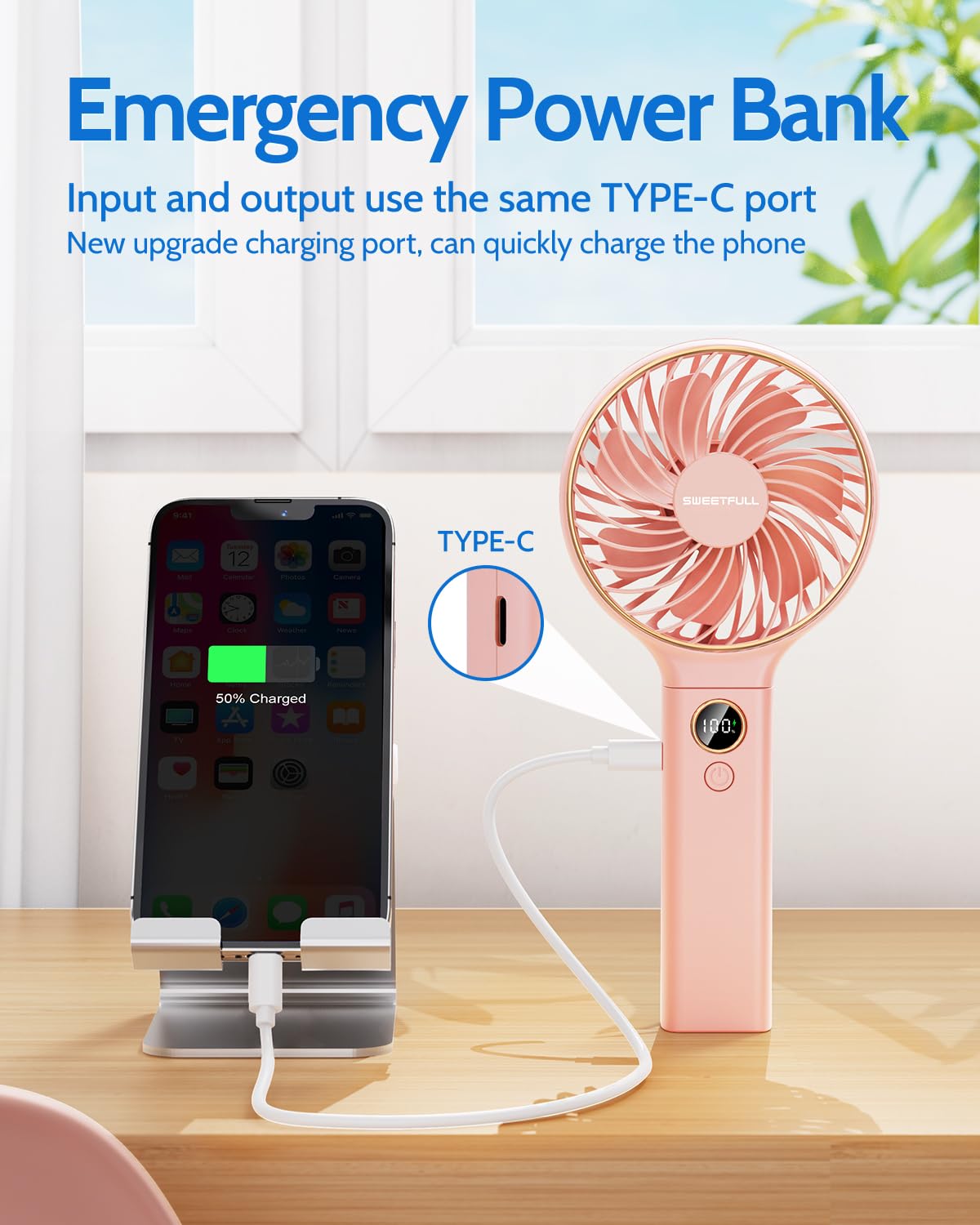 SWEETFULL Handheld Fan, Portable Fan, 5000mAh Rechargeable Battery, 6 Speed Wind, LED Display, Personal Mini Travel Fan with Backup Power, Hand Held Fan USB Foldable Electric Fan for Women Girl