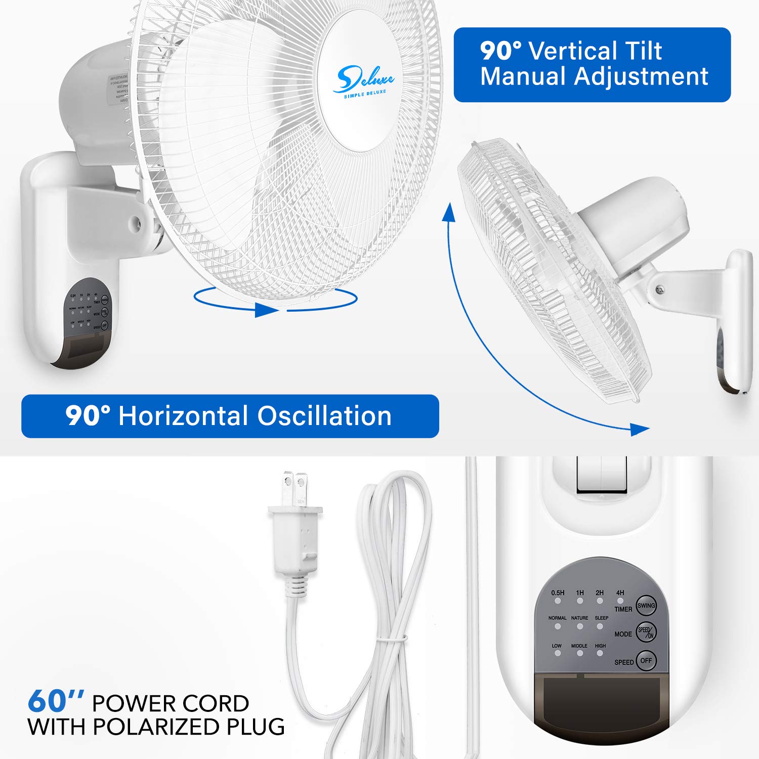 Simple Deluxe 16 Inch Wall Mount Fan with Remote Control, 3 Oscillating Modes, 3 Speed, Timer