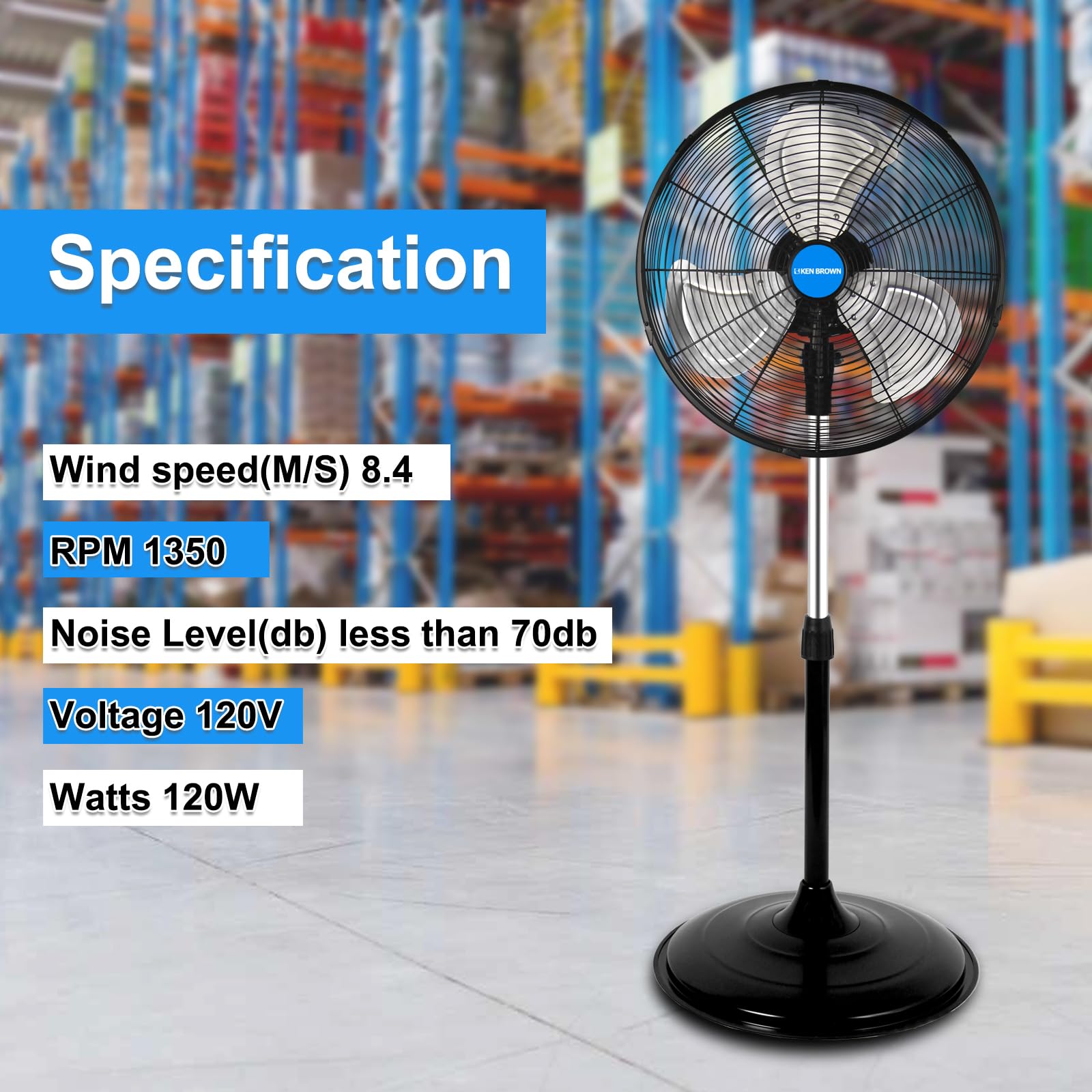 KEN BROWN 20 Inch Pedestal Floor Fan 6000CFM, Oscillating Standing Fan, Adjustable Height, 3 Speeds, Aluminum Blades, Metal Stand Up Fan For Industrial, Commercial, Residential, Shop