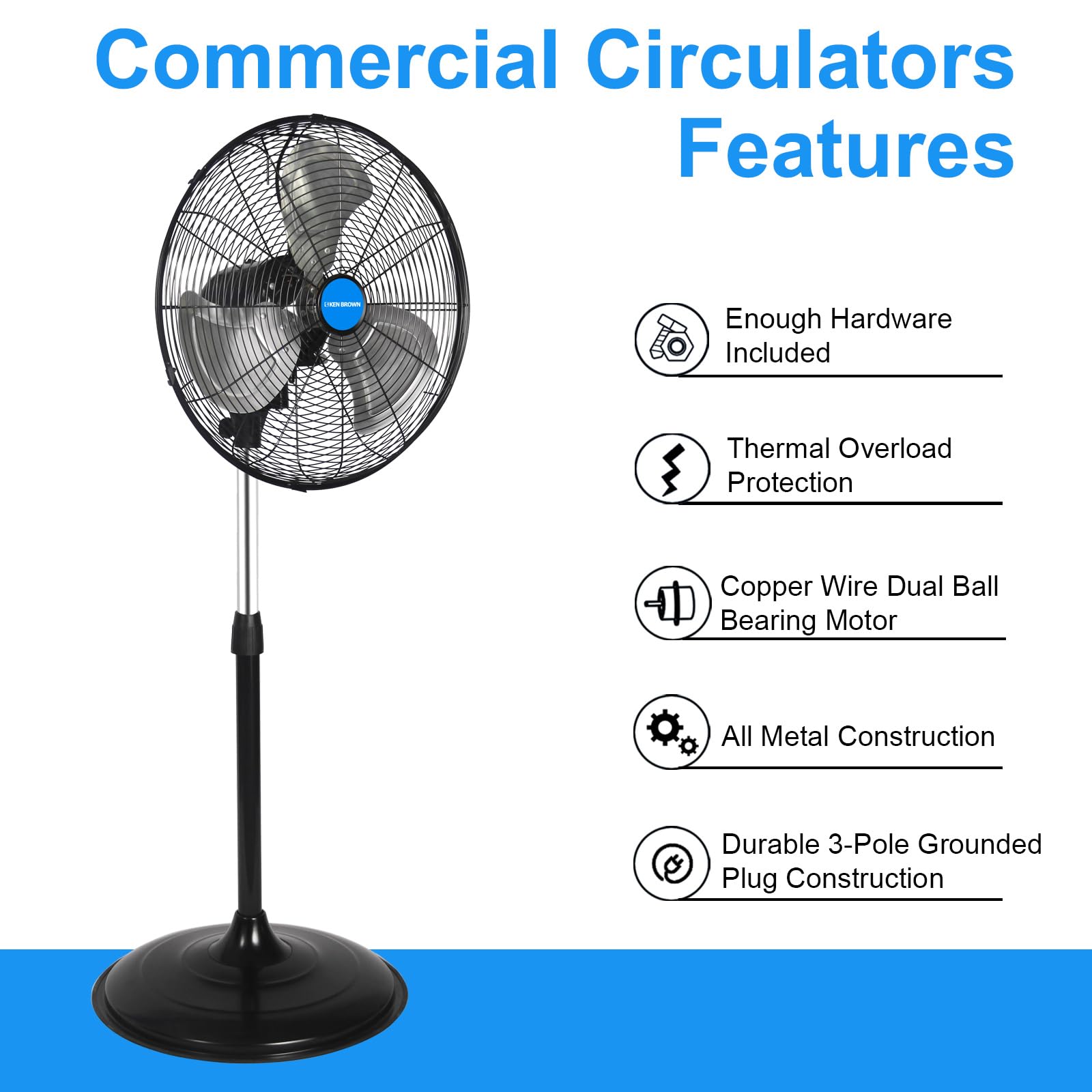 KEN BROWN 20 Inch Pedestal Floor Fan 6000CFM, Oscillating Standing Fan, Adjustable Height, 3 Speeds, Aluminum Blades, Metal Stand Up Fan For Industrial, Commercial, Residential, Shop