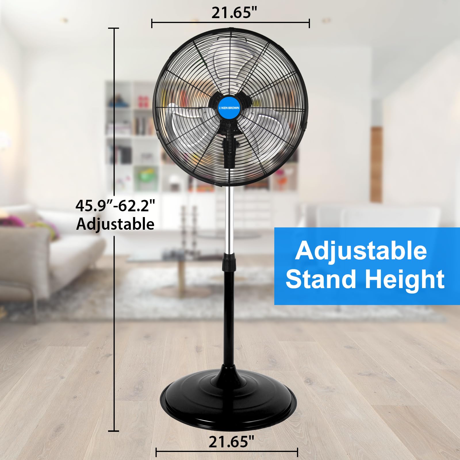 KEN BROWN 20 Inch Pedestal Floor Fan 6000CFM, Oscillating Standing Fan, Adjustable Height, 3 Speeds, Aluminum Blades, Metal Stand Up Fan For Industrial, Commercial, Residential, Shop