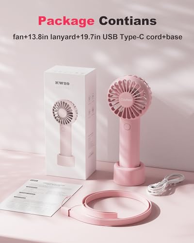 Coohea Handheld Fan Mini Portable Fan USB Rechargeable Battery Fan 3 Speeds Powerful Personal Fan Cute Small Cooling Fan with Base Lanyard for Eyelash Makeup Travel Trip Beach Indoor Outdoor, Pink