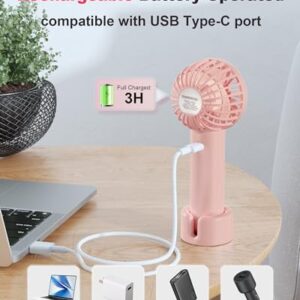 Coohea Handheld Fan Mini Portable Fan USB Rechargeable Battery Fan 3 Speeds Powerful Personal Fan Cute Small Cooling Fan with Base Lanyard for Eyelash Makeup Travel Trip Beach Indoor Outdoor, Pink