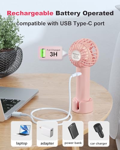 Coohea Handheld Fan Mini Portable Fan USB Rechargeable Battery Fan 3 Speeds Powerful Personal Fan Cute Small Cooling Fan with Base Lanyard for Eyelash Makeup Travel Trip Beach Indoor Outdoor, Pink