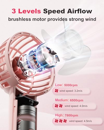 Coohea Handheld Fan Mini Portable Fan USB Rechargeable Battery Fan 3 Speeds Powerful Personal Fan Cute Small Cooling Fan with Base Lanyard for Eyelash Makeup Travel Trip Beach Indoor Outdoor, Pink