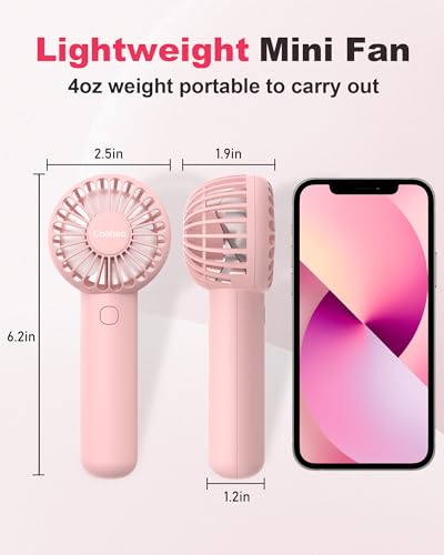 Coohea Handheld Fan Mini Portable Fan USB Rechargeable Battery Fan 3 Speeds Powerful Personal Fan Cute Small Cooling Fan with Base Lanyard for Eyelash Makeup Travel Trip Beach Indoor Outdoor, Pink