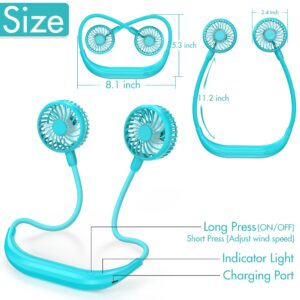 AMACOOL Neck Fan Battery Operated Neckband Fan Hand-Free Wearable Personal Fan for Hot Flashes Home Office Travel Outdoor Sports (Aqua Blue)