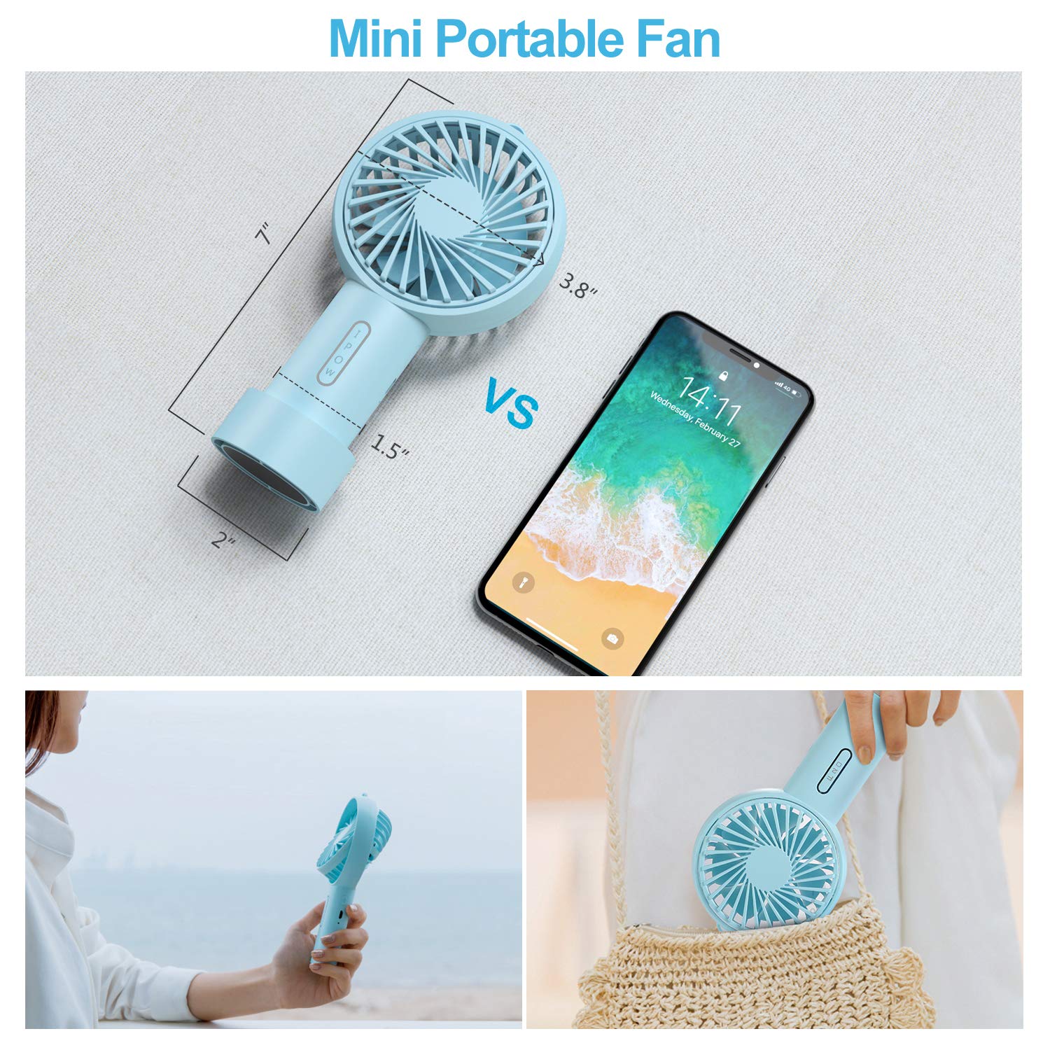 IPOW Mini Handheld Fan Personal Portable Fan 3 Speed Adjustable Angle Removable Base Lanyard USB Recharging Battery Operated Small Desk Cooling Face Fan for Home Camping Disney Travel Mint Blue