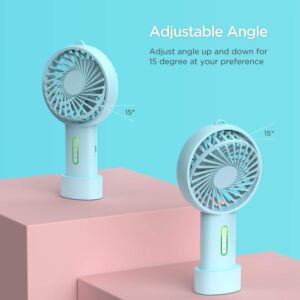 IPOW Mini Handheld Fan Personal Portable Fan 3 Speed Adjustable Angle Removable Base Lanyard USB Recharging Battery Operated Small Desk Cooling Face Fan for Home Camping Disney Travel Mint Blue