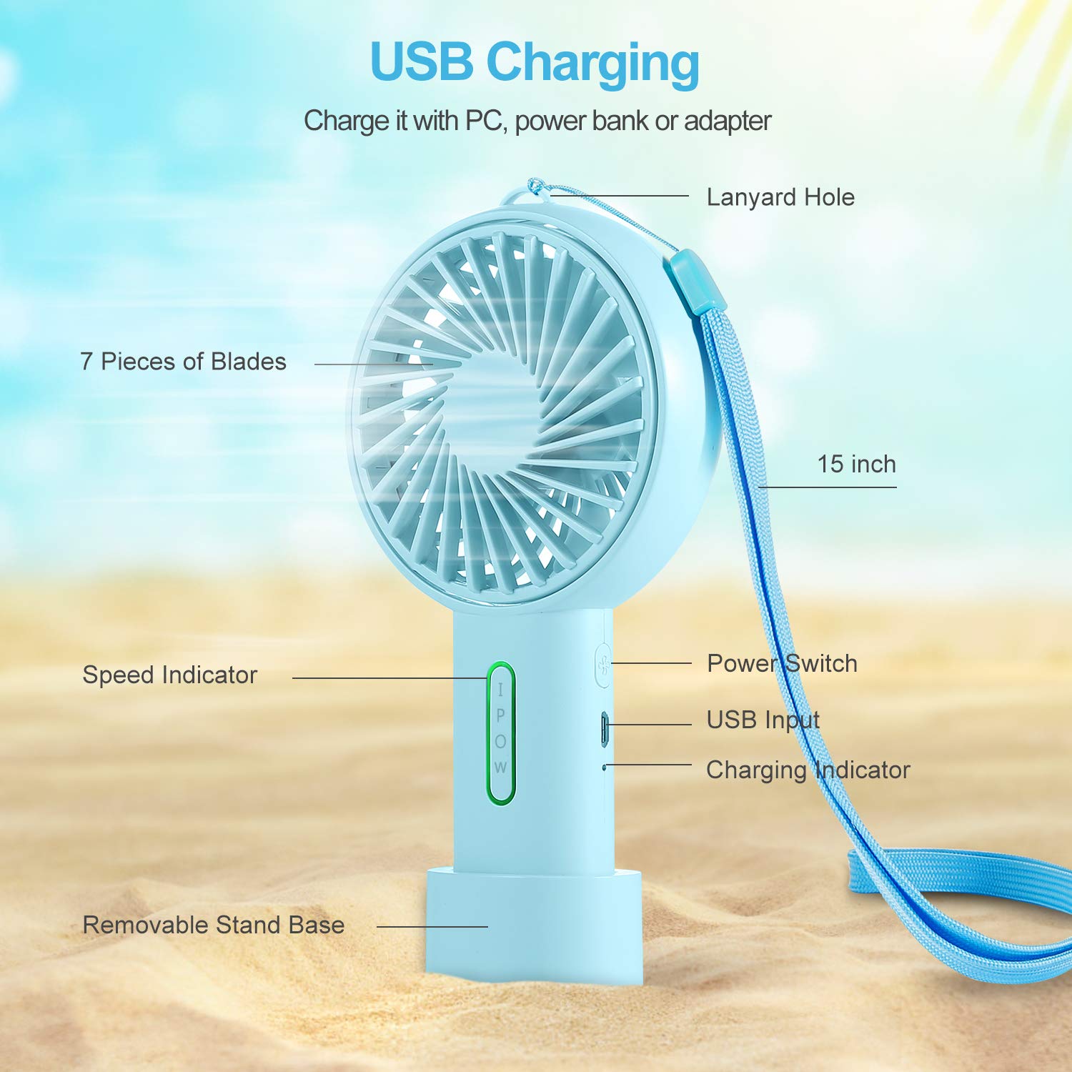 IPOW Mini Handheld Fan Personal Portable Fan 3 Speed Adjustable Angle Removable Base Lanyard USB Recharging Battery Operated Small Desk Cooling Face Fan for Home Camping Disney Travel Mint Blue