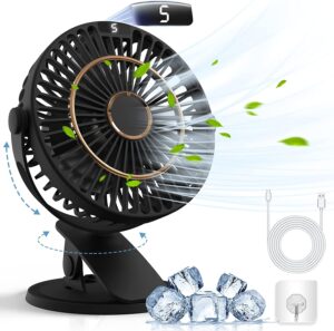 jumgreen 5 speeds clip on fan rechargeable - mini usb portable desk fan with clip, led display powerful silent table fan, 720°flexible rotation for bed, home, stroller, sport, camping (black)