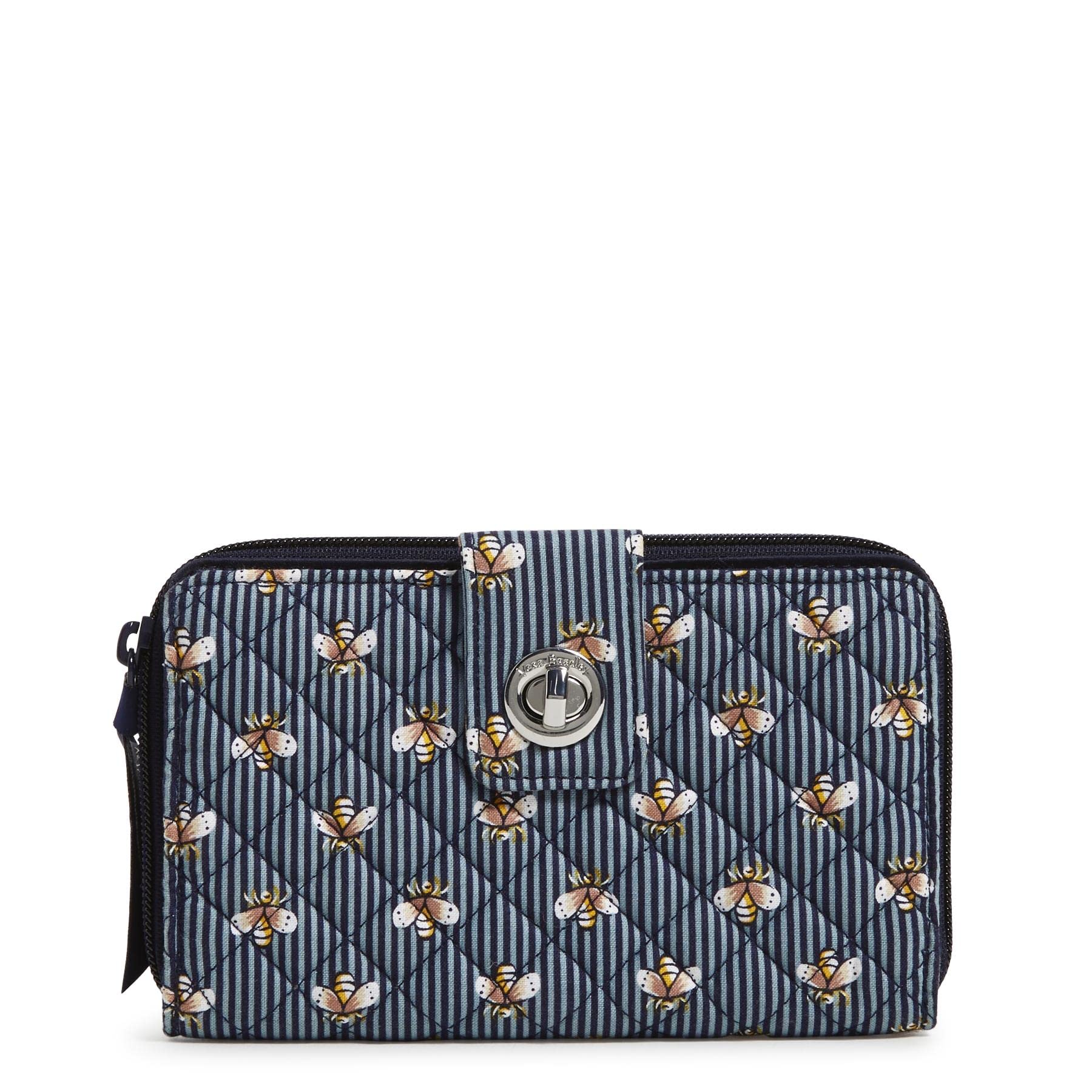 Vera Bradley Women's Cotton Turnlock Wallet With RFID Protection, Bees Navy - Recycled Cotton, One Size