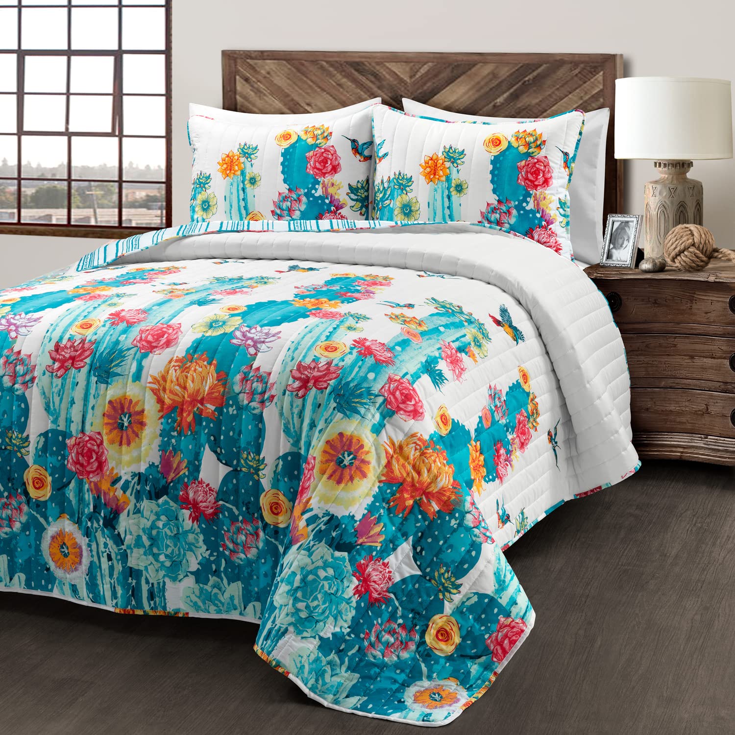 Lush Decor Southwest Vibrant Cactus Reversible Oversized 3 Piece Quilt Set, Full/Queen, Turquoise & Orange