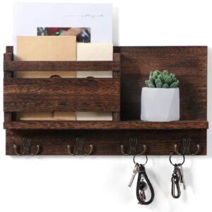 key and mail holder for wall decorative - rustic mail organizer wall mount, wooden letter sorter organizer with 4 key rack hooks for hallway kitchen farmhouse decor (16.5” x 9.1” x 3.4”) (brown)