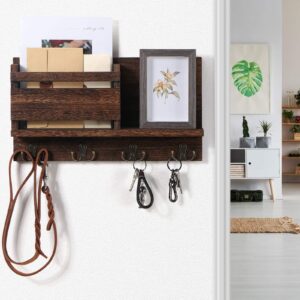 Key and Mail Holder for Wall Decorative - Rustic Mail Organizer Wall Mount, Wooden Letter Sorter Organizer with 4 Key Rack Hooks for Hallway Kitchen Farmhouse Decor (16.5” x 9.1” x 3.4”) (Brown)