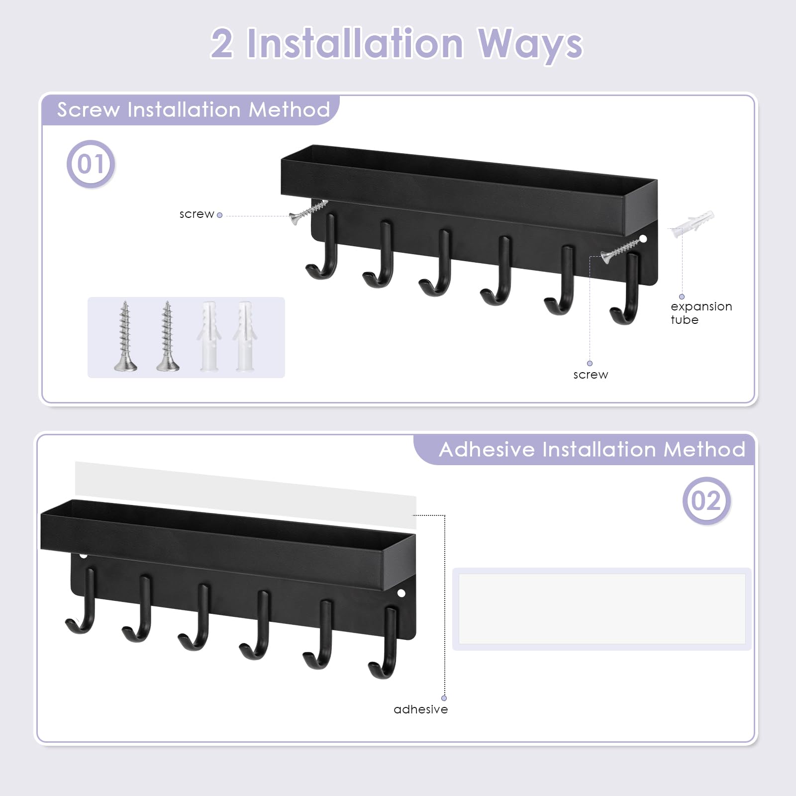 VIS'V Key Holder Wall Mount, Frosted Black Stainless Steel Key Mail Holder Small Key Rack with Tray Adhesive Key Hanger Mail Storge Organizer with 6 Key Hooks for Entryway Hallway Doorway