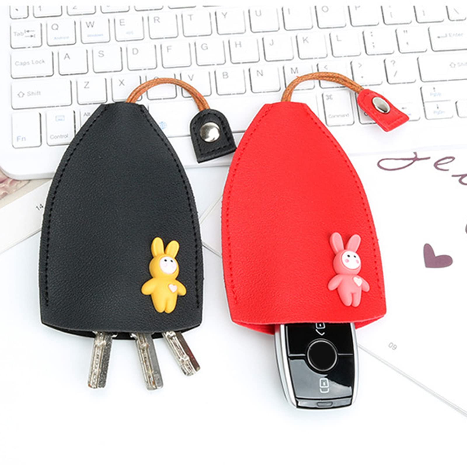 LKHSYAN Car Key Case, 4 PCS Cute Key Case Holder PU Leather Key Pouch Large Capacity Pull Out Car Keychain Bag Sleeve (Rabbit 1)