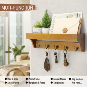 Rebee Vision Decorative Key Holder for Wall with Shelf: Farmhouse Mail Rack with 5 Sturdy Key Hooks for Home Decor, Apartment, Entryway and Hallway (Light Brown)