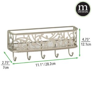 mDesign Wall Mount Metal Entryway Storage Organizer Mail Sorter Basket with 5 Hooks - Letter, Magazine, Coat, Leash and Key Holder for Entryway, Mudroom, Hallway, Kitchen, Office - Satin