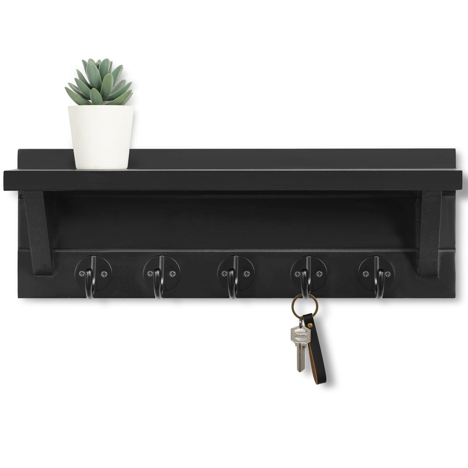 Lwenki Wall Key Holder with Shelf, Rustic Shelf with Hooks Made of Paulownia Wood Holds Keys, Dog Leash, Bags and More - 13.7" W x 4.7" H x 3.5" D Decorative Key Hanger and Entryway Shelf (Black)