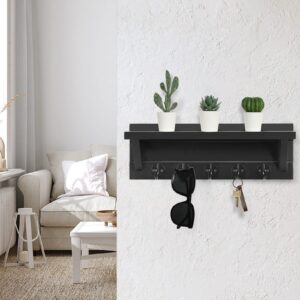 Lwenki Wall Key Holder with Shelf, Rustic Shelf with Hooks Made of Paulownia Wood Holds Keys, Dog Leash, Bags and More - 13.7" W x 4.7" H x 3.5" D Decorative Key Hanger and Entryway Shelf (Black)