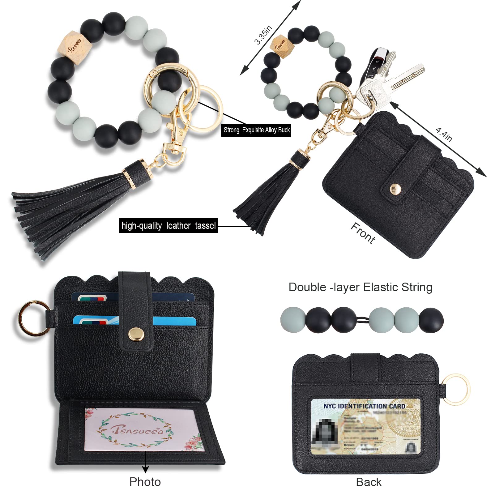 TSNSOEEO Keychain Wallet Wristlet RFID Small Credit Card Holder Bracelet Key Chain Purse Bangle Tassel Beads Key Rings for Women